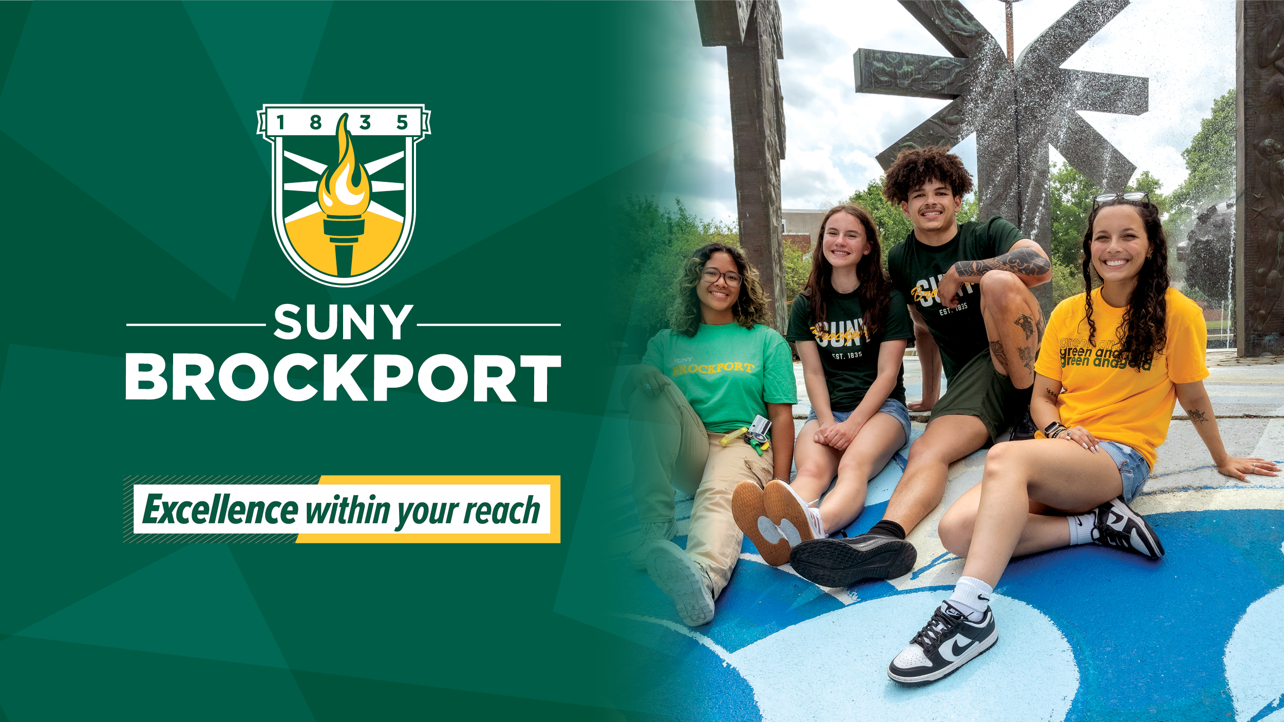 a smiling group of students, with SUNY Brockport "Excellenct within your reach" next to them