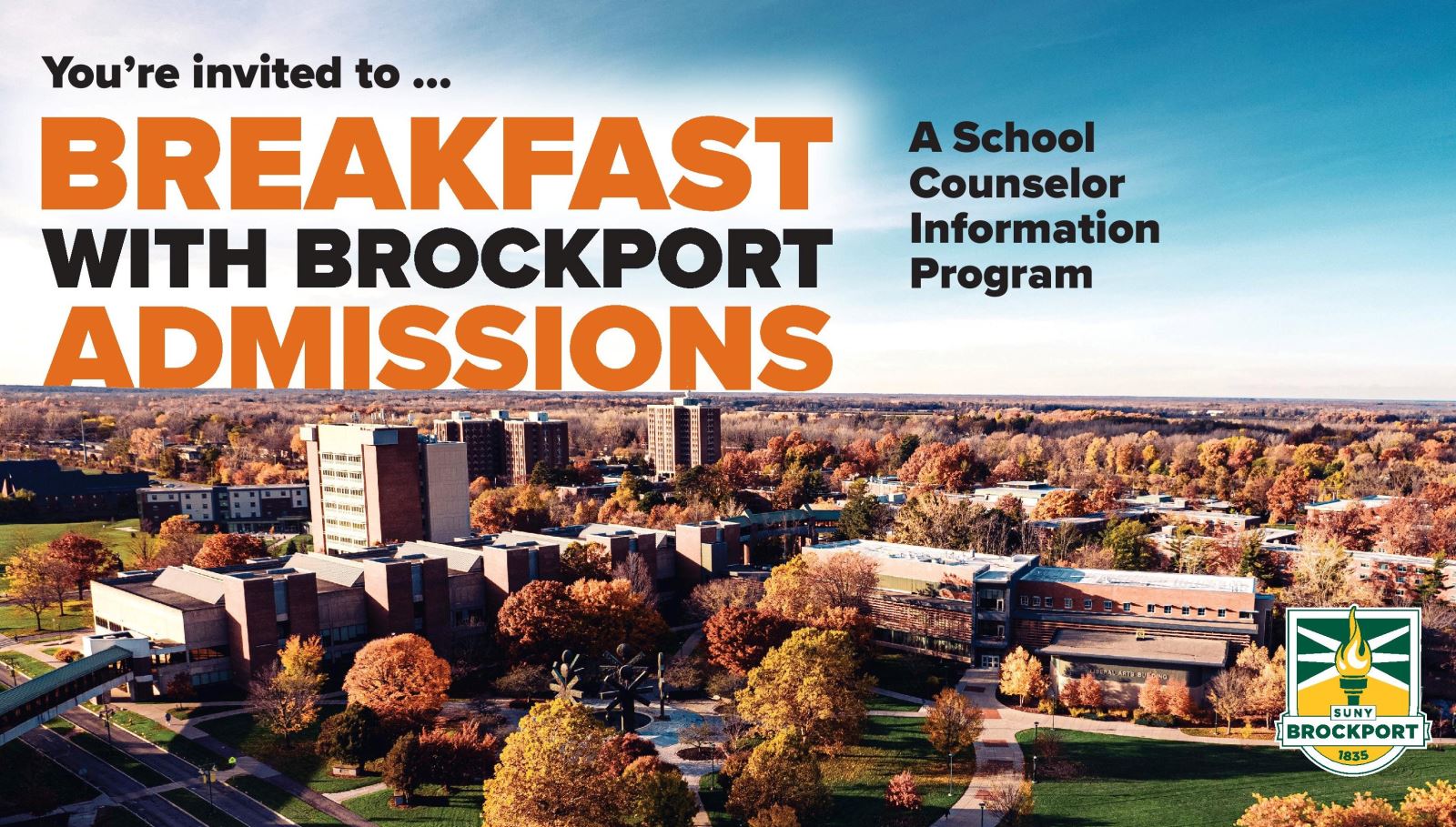 you're invited to breakfast with Brockport admissions, superimposed over an aerial view of brick buildings on a college campus