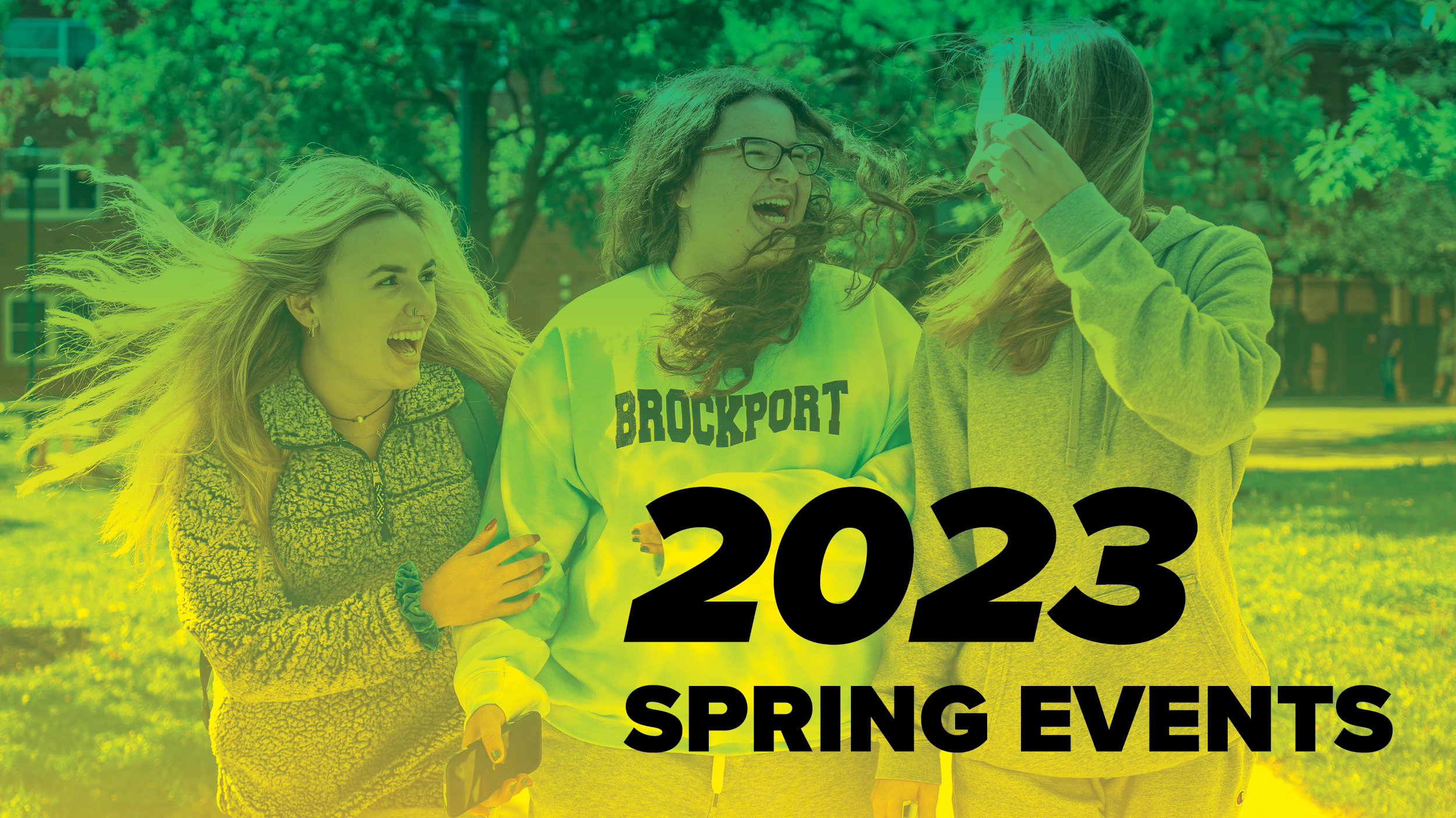 a smiling group of students, with SPRING 2023 EVENTS superimposed